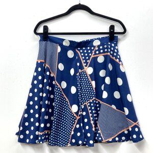 Moon Collection Polkadot Flared Skirt, Size Large, Blue White Silky Lined Swirly